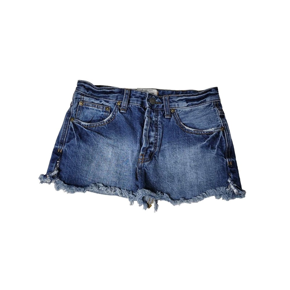 Free People Shorts Sz W 25 Denim Fringe Cut Off Button Down Booty Blue Jean